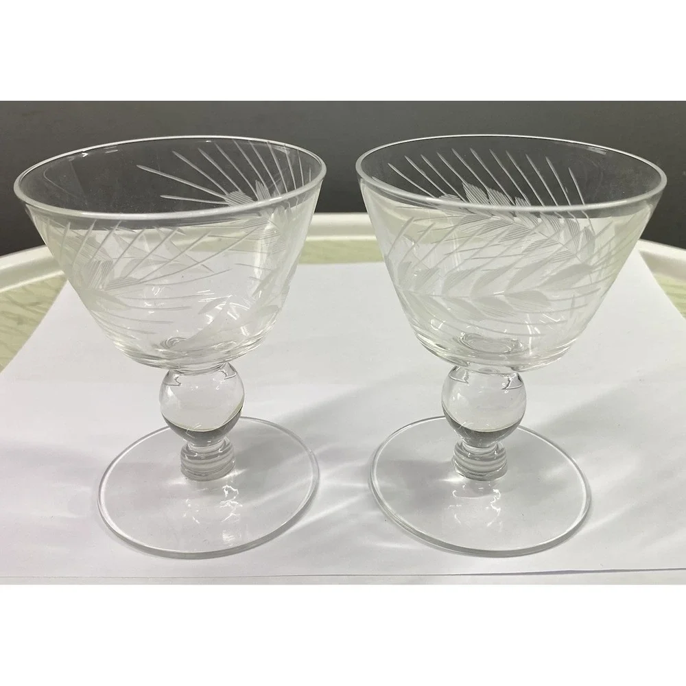2 Vintage Libbey Cocktail Glasses Etched Wheat‎ Pattern Sipper 3.74